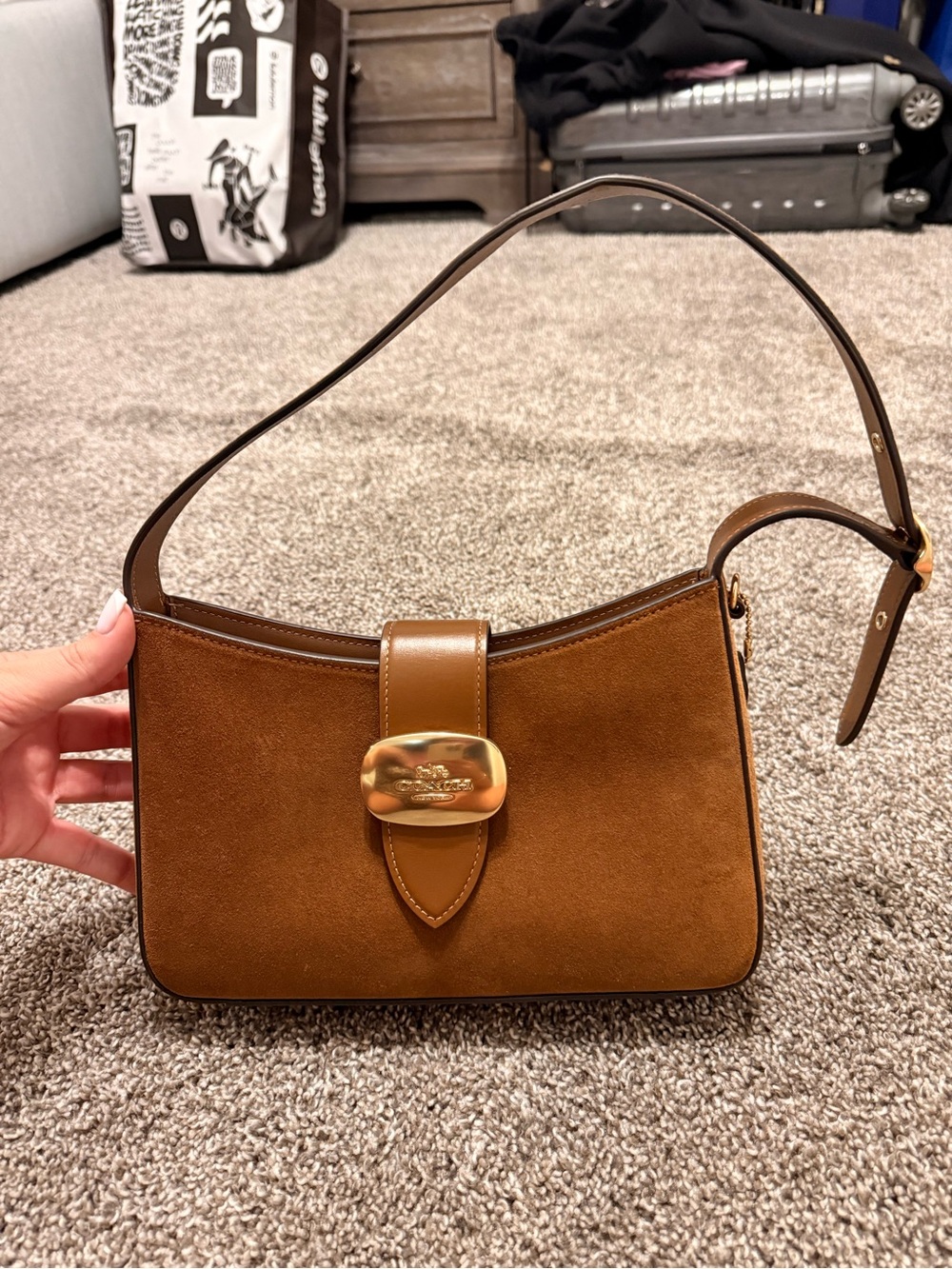 Coach Brown Suede Shoulder Bag with Gold Hardware